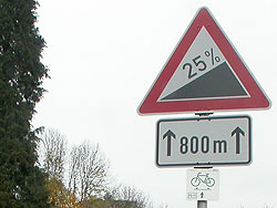 Ein Gefällewarnschild „25 %“ mit dem Zusatz „800 m“