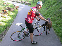 Ein Rennradfahrer steht am Wegrand, daneben ein Hund an der Leine