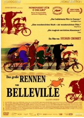 Filmplakat „Das große Rennen von Belleville“ mit gezeichneten Radfahrern