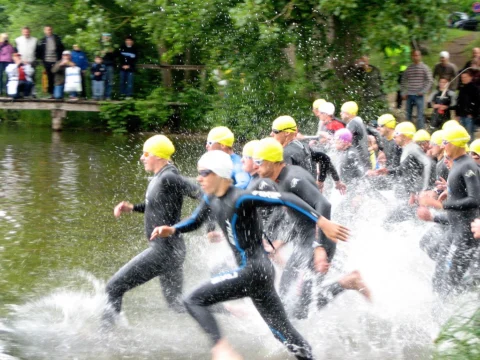 Ein Feld von Schwimmern in Neoprenanzügen läuft ins Wasser, dahinter Zuschauer