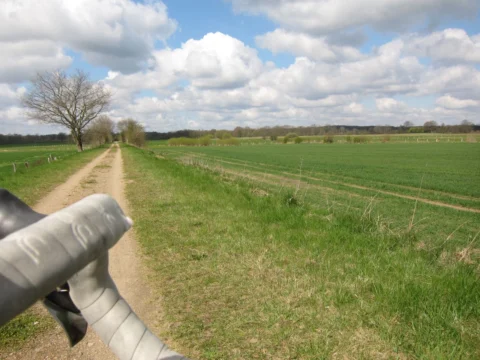 Blick über den Lenker auf einen Feldweg zwischen grünen Feldern