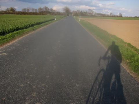 Eine gerade Straße zwischen Feldern, im Vordergrund der Schatten des Radfahrers