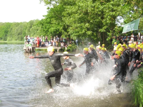 Schwimmer in Neoprenanzügen laufen ins Wasser, Gischt spritzt auf