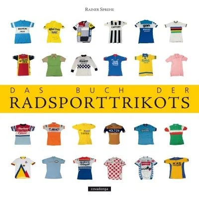 Buchcover „Das Buch der Radsporttrikots“ mit gezeichneten Trikots in Reihen