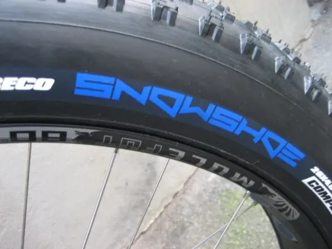 Nahaufnahme der Reifenflanke mit dem Schriftzug „Snowshoe“