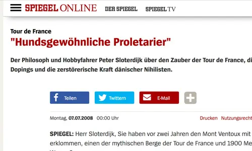 Bildschirmfoto eines Zeitungsinterviews zur Tour de France mit der Überschrift „Hundsgewöhnliche Proletarier“