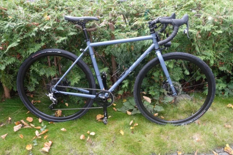 Ein hellblaues Kona Rove ST steht auf einer Wiese vor einer Hecke