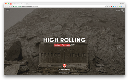 Bildschirmfoto einer Website: eine Felswand mit dem Schriftzug „High Rolling — Torino Nice Rally 2017“