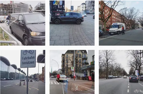 Sechs Aufnahmen von zugeparkten Radwegen und einem Schild „Fahrbahn benutzen“