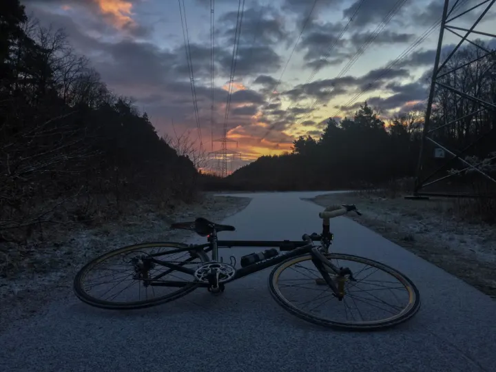 Ein Rennrad liegt auf einer Straße vor dem Morgenrot, dahinter eine Baumreihe