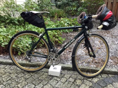 Ein grünes Reiserad mit Satteltasche steht auf Kopfsteinpflaster vor einer Hecke