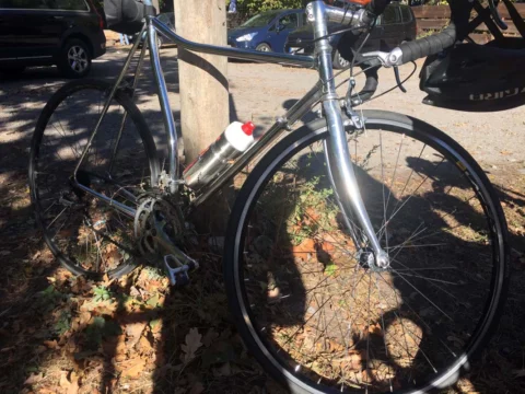 Ein verchromter Randonneur mit Schutzblechen und altem Scheinwerfer im Herbstlaub