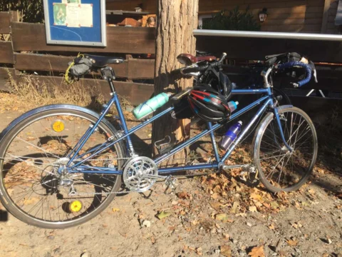 Ein blaues Tandem mit Flaschenhaltern und Taschen steht im Laub