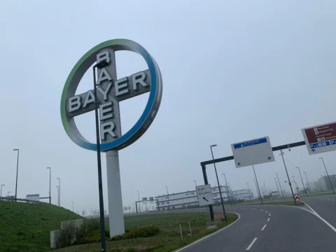 Ein großes Werbedrehkreuz am Straßenrand vor dem Flughafengelände