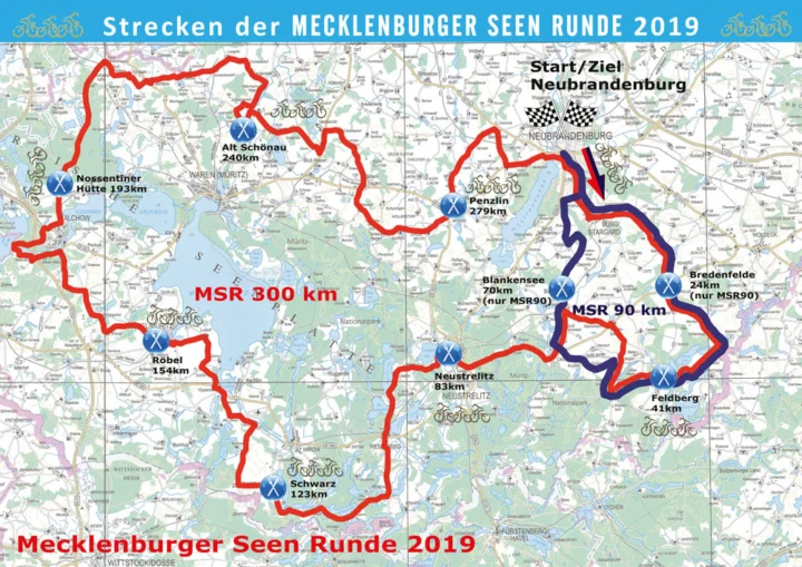 Streckenkarte der Mecklenburger Seenrunde 2019 mit den Varianten über 300 und 90 Kilometer