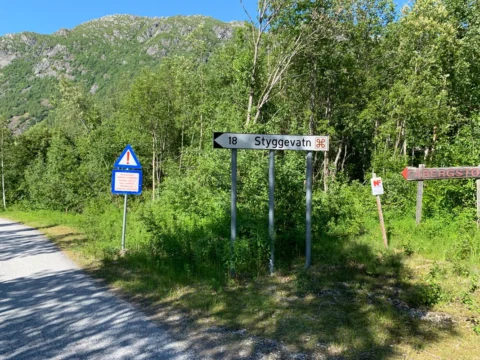 Ein Wegweiser „Styggevatn“ an einer Straßengabelung zwischen Birken