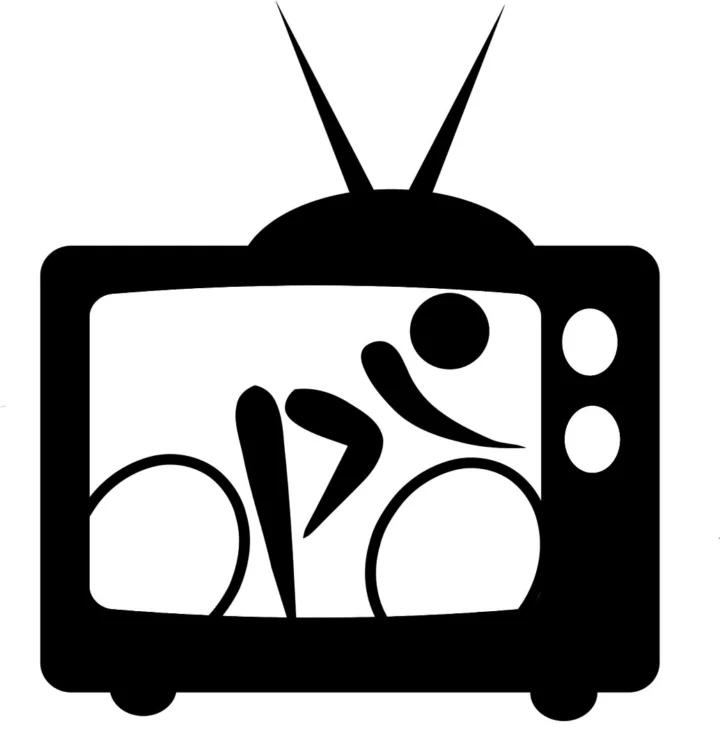 Piktogramm: ein Radrennfahrer im Bildschirm eines alten Fernsehers mit Zimmerantenne