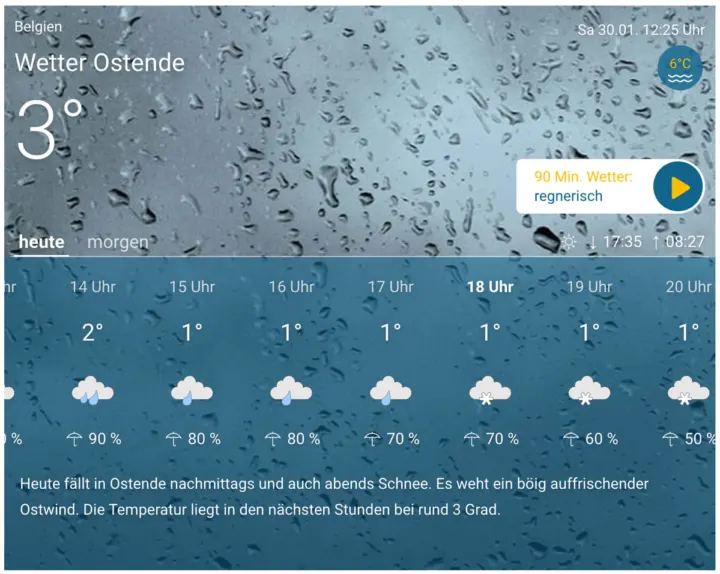 Wetteranzeige für Ostende: 3 Grad, Regen, dahinter Tropfen an einer Scheibe