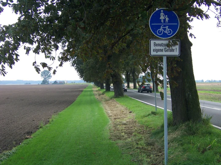 Ein Radweg neben einer Landstraße unter einer Baumreihe, am Schild der Zusatz „Benutzung auf eigene Gefahr“