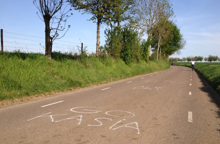 Eine leere Landstraße zwischen Baumreihen, auf den Asphalt ist „Kasia“ gemalt