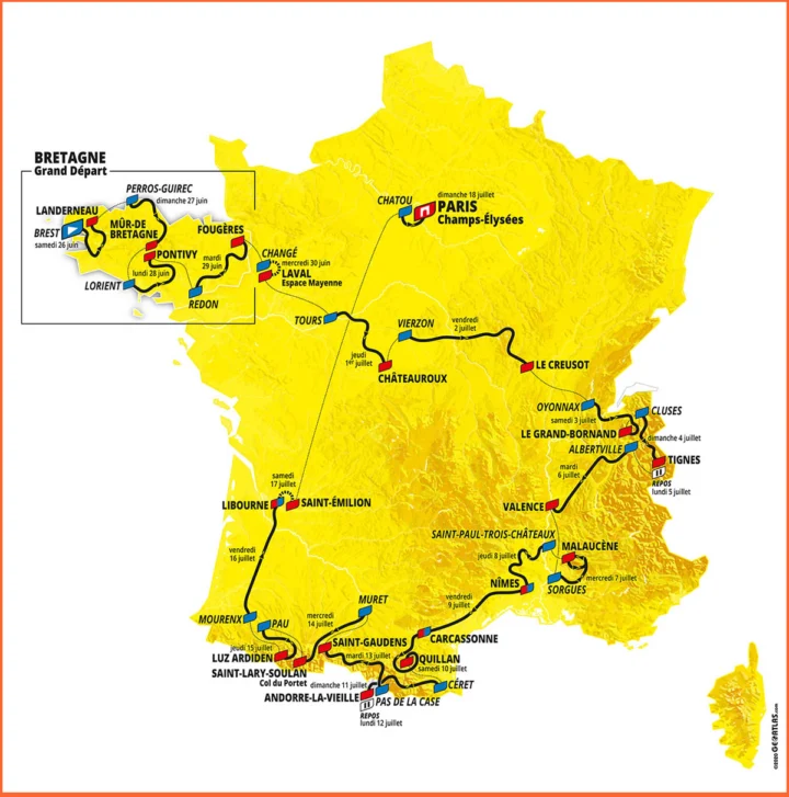 Streckenkarte der Tour de France 2021 mit dem Grand Départ in der Bretagne und dem Ziel auf den Champs-Élysées