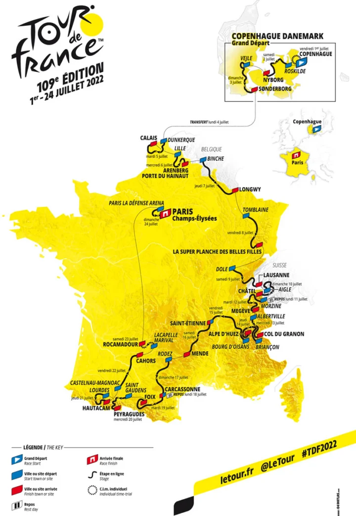 Streckenkarte der Tour de France 2022: Grand Départ in Kopenhagen, Ziel auf den Champs-Élysées