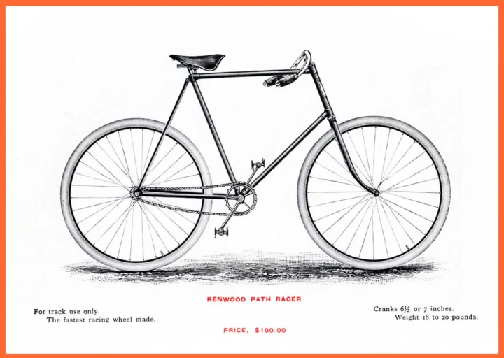 Historische Katalogzeichnung eines Bahnrads: „Kenwood Path Racer, for track use only“