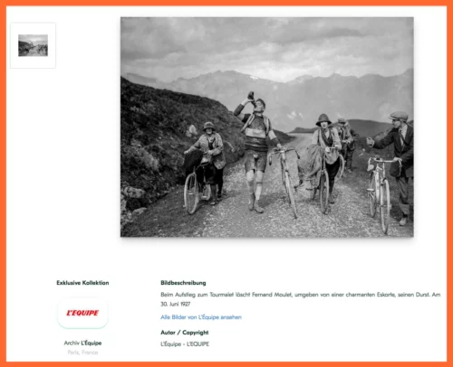 Tourmalet-Tour 2023 - die Bildredaktion von L’Équipe nervt (Screenshot von https://www.artphotolimited.com/de/themen/sport/radsport/rennrad/bild/l-equipe/fernand-moulet-loescht-seinen-durst-bevor-er-am-tourmalet-aufgibt)