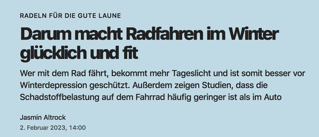 Fahrrad-Artikel Der Standard bei at Fahrräder, Deinem Fahrradladen in Lübeck (Screenshot von https://www.derstandard.de/story/2000143115911/darum-macht-radfahren-im-winter-gluecklich-und-fit)