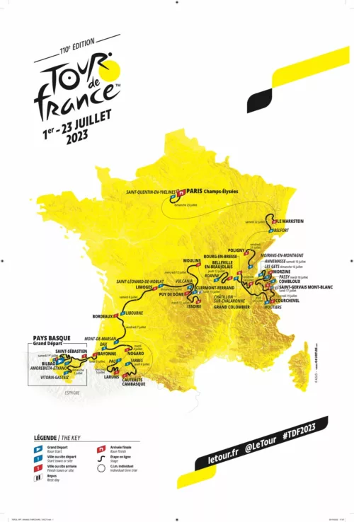 Strecke der Tour de France 2023: 1.-23. Juli 2023, mit at Fahrräder Lübeck (Quelle: https://storage-aso.lequipe.fr/ASO/cycling_tdf/tdf2023-parcours.pdf)