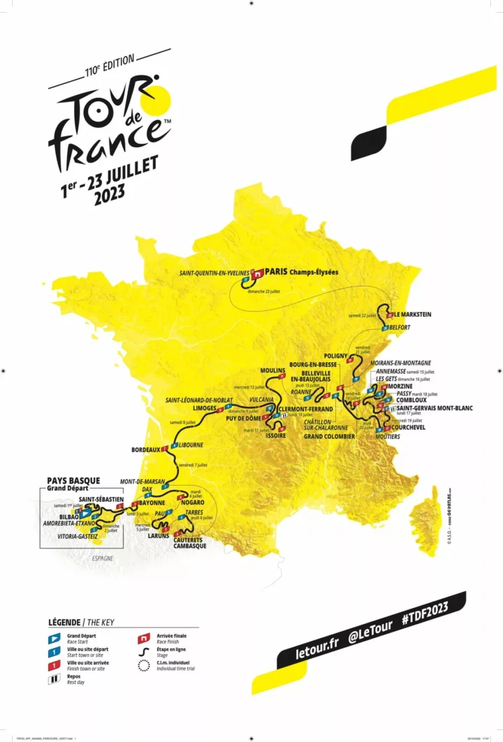 Streckenkarte der Tour de France 2023 in Gelb: Grand Départ im Baskenland, Ziel in Paris