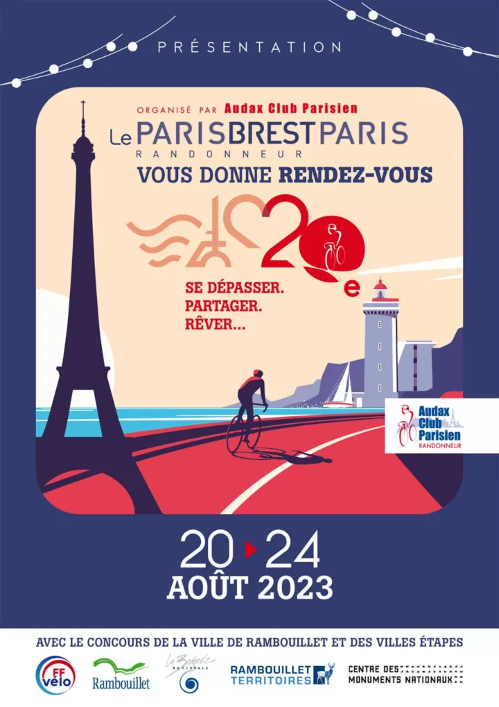 Plakat von Paris-Brest-Paris 2023: ein Radfahrer zwischen Eiffelturm und Leuchtturm
