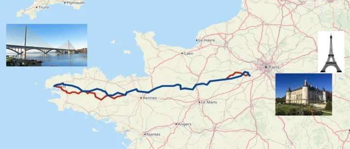 Kartendarstellung der Strecke Paris–Brest–Paris quer durch die Bretagne und zurück