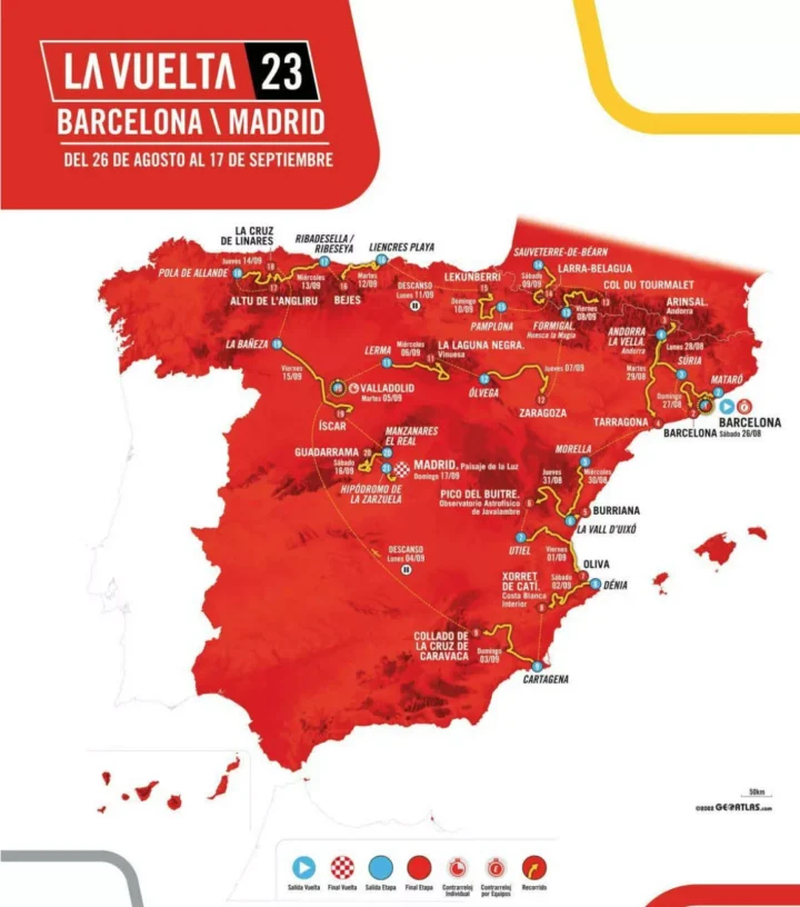 Streckenkarte der Vuelta a España 2023 in Rot: von Barcelona nach Madrid