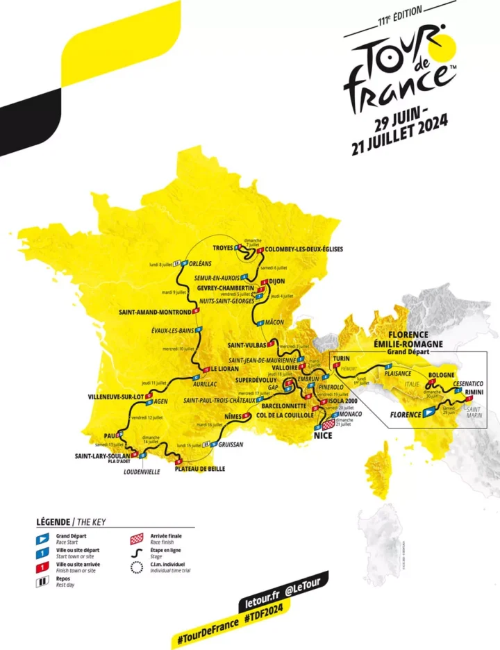 Streckenkarte der Tour de France 2024 in Gelb: Grand Départ in Florenz, Ziel in Nizza