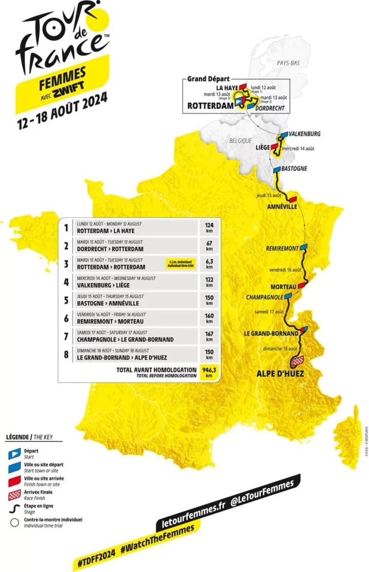 Streckenkarte der Tour de France Femmes 2024: acht Etappen vom Grand Départ in Rotterdam bis Alpe d'Huez