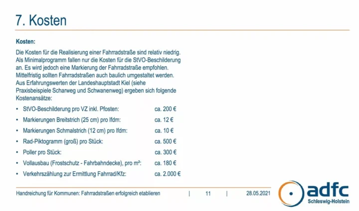 Seite aus der ADFC-Handreichung zu Fahrradstraßen mit einer Kostenaufstellung, von 10 Euro für einen Schmalstrich bis 2000 Euro für eine Verkehrszählung