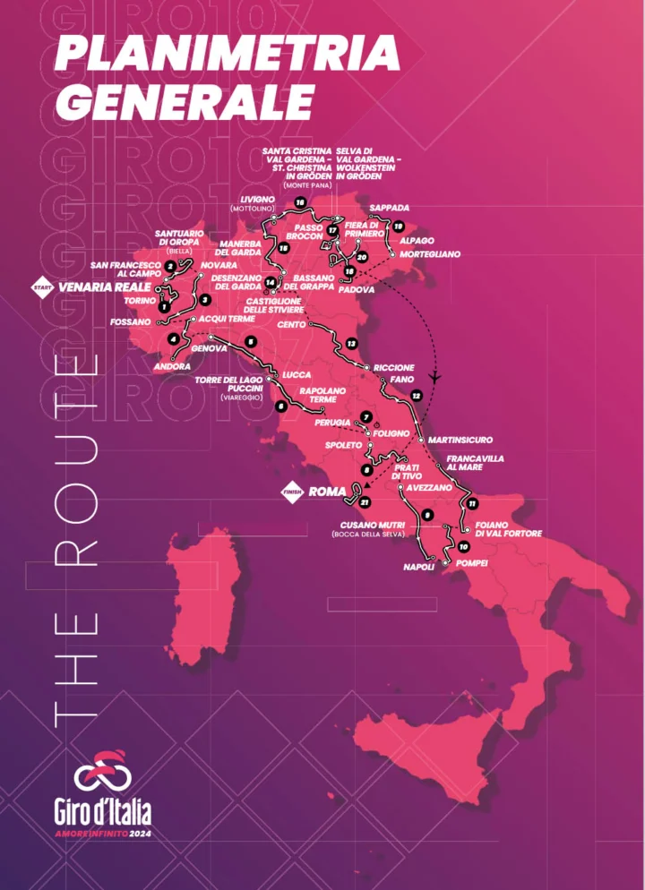 Streckenkarte des Giro d'Italia 2024 in Rosa mit den Etappenorten von Venaria Reale bis Rom