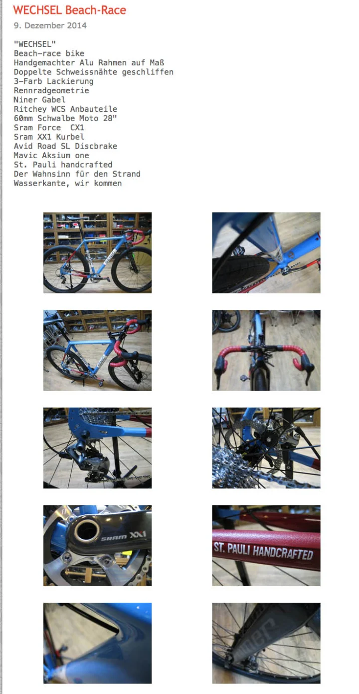 Schon 2014 wurde bei at Fahrräder in Lübeck das Gravel-Bike erfunden – es hieß allerdings Beach-Race, weil es für das Beachrace alias Strandrennen, den GP Groot Egmond-Pier Egmond in den Niederlanden gebaut wurde. Handgemacht, also handcrafted in St. Pauli vom Rahmenbauer Hagen Wechsel, nach Vorgaben und gemeinsam mit P.S.