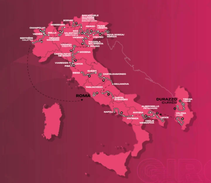 Streckenkarte des Giro d'Italia 2025 in Rosa: Start in Durrës in Albanien, Ziel in Rom