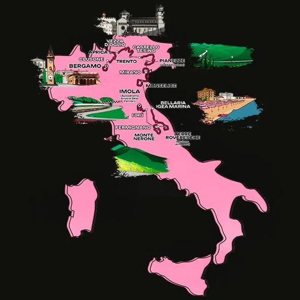 Streckenkarte des Giro d'Italia Women 2025 in Rosa mit den Etappenorten von Bergamo bis Imola