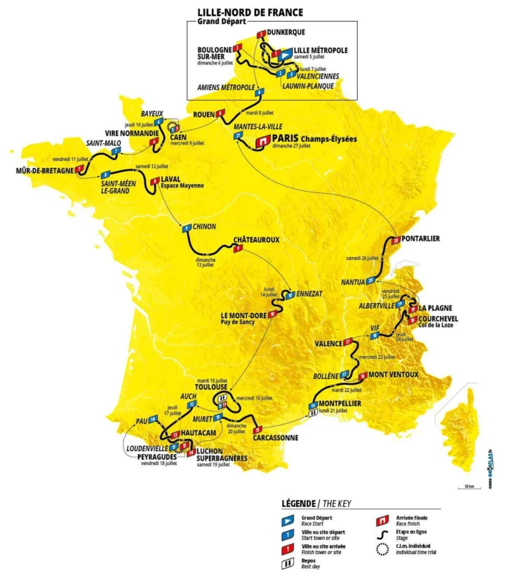 Streckenkarte der Tour de France 2025 in Gelb, vom Grand Départ in Lille bis Paris