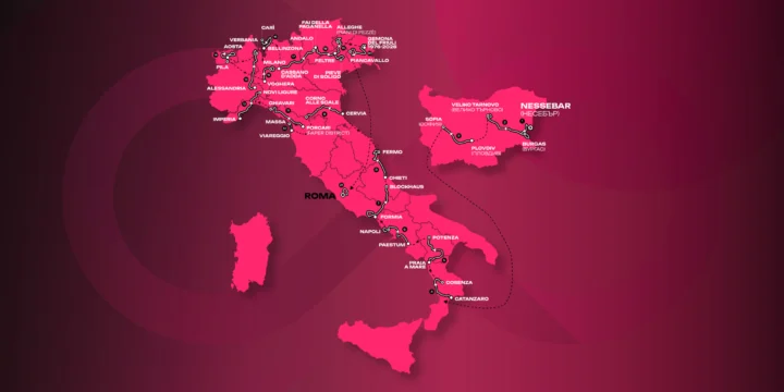 Streckenkarte des Giro d'Italia 2026 in Rosa: die Etappenorte quer durch Italien