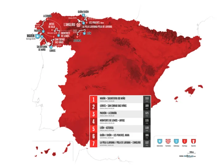 Streckenkarte der Vuelta Femenina 2026 mit den sieben Etappen im Nordwesten Spaniens