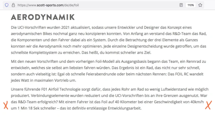 Bildschirmfoto der Herstellerseite zum Foil: ein Text über Aerodynamik, der 1:18 Minuten Zeitgewinn auf 40 Kilometern bei 40 km/h nennt