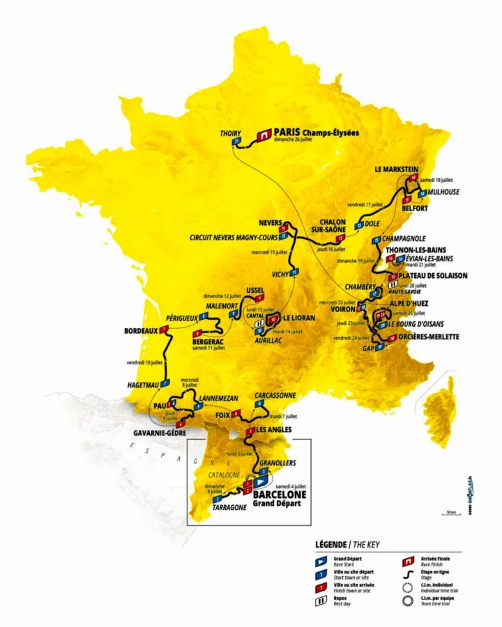 Streckenkarte der Tour de France 2026 mit dem Grand Départ in Barcelona und dem Ziel auf den Champs-Élysées