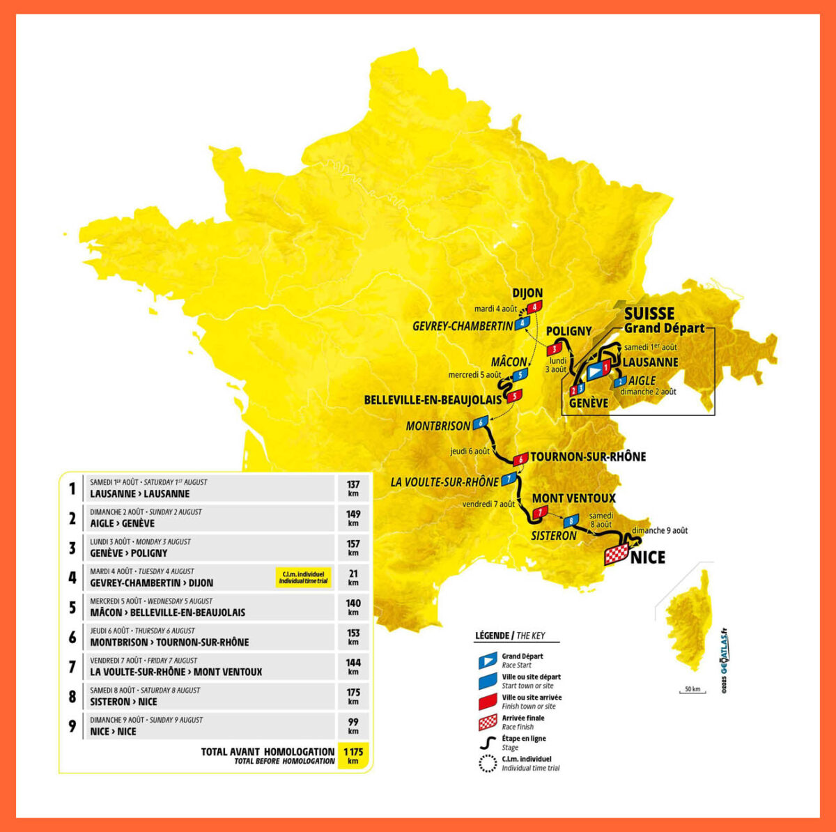 Tour de France Femmes 2026 - at Fahrräder, dein Fahrradladen aus Lübeck, freut sich auf neun Tage Radsport und Frauenradsport, aus Liebe zum Rennrad und Fahrrad und überhaupt – Quelle Bild: © https://www.letourfemmes.fr/en/overall-route