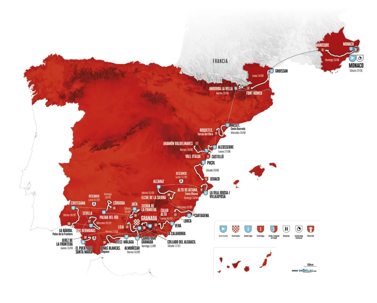 La Vuelta a España startet in Monaco und windet sich sehr bergereich durch den Süden und Südosten Spaniens mit Ausflügen nach Frankreich und Andorra