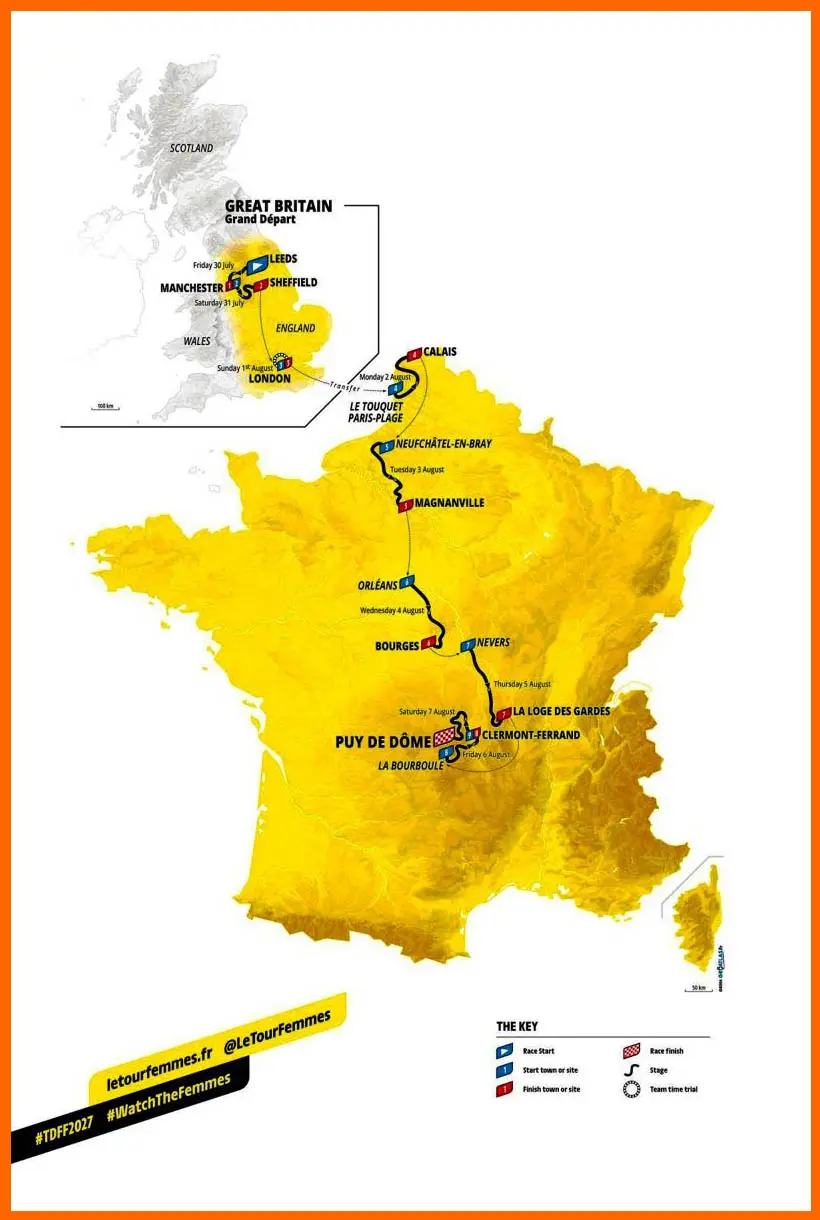 Die Route der Tour de France Femmes 2027: neun Etappen von Leeds bis zum Puy de Dôme